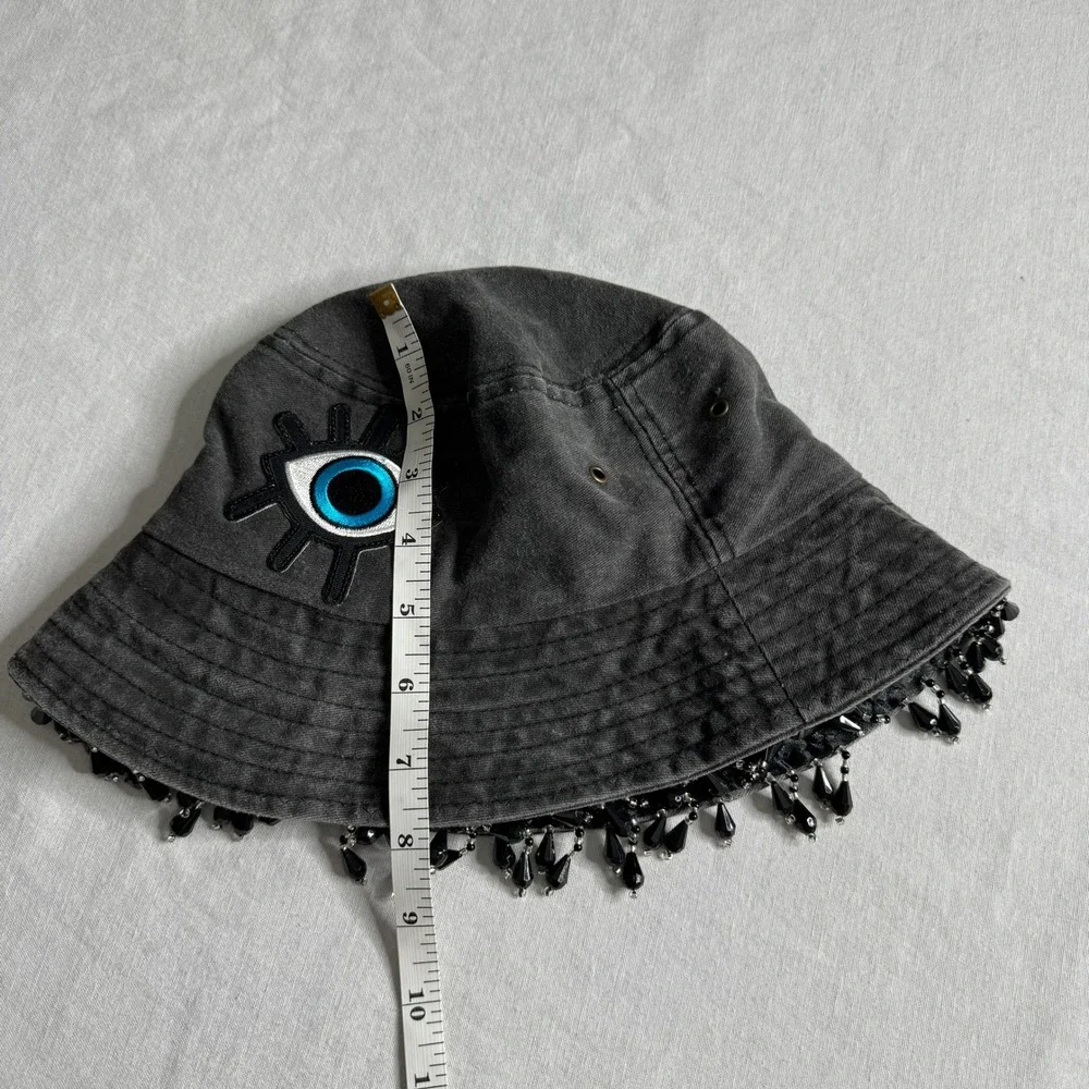 Evil Eye Embroidered Beaded Fringe Denim Bucket Hat Washed Black Boho Goth